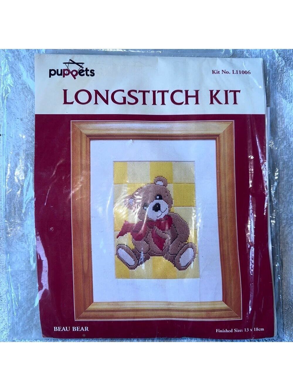 RARE Hard To Find Vintage Sealed Puppets Long Stitch Kit #L11006 Beau Bear Print